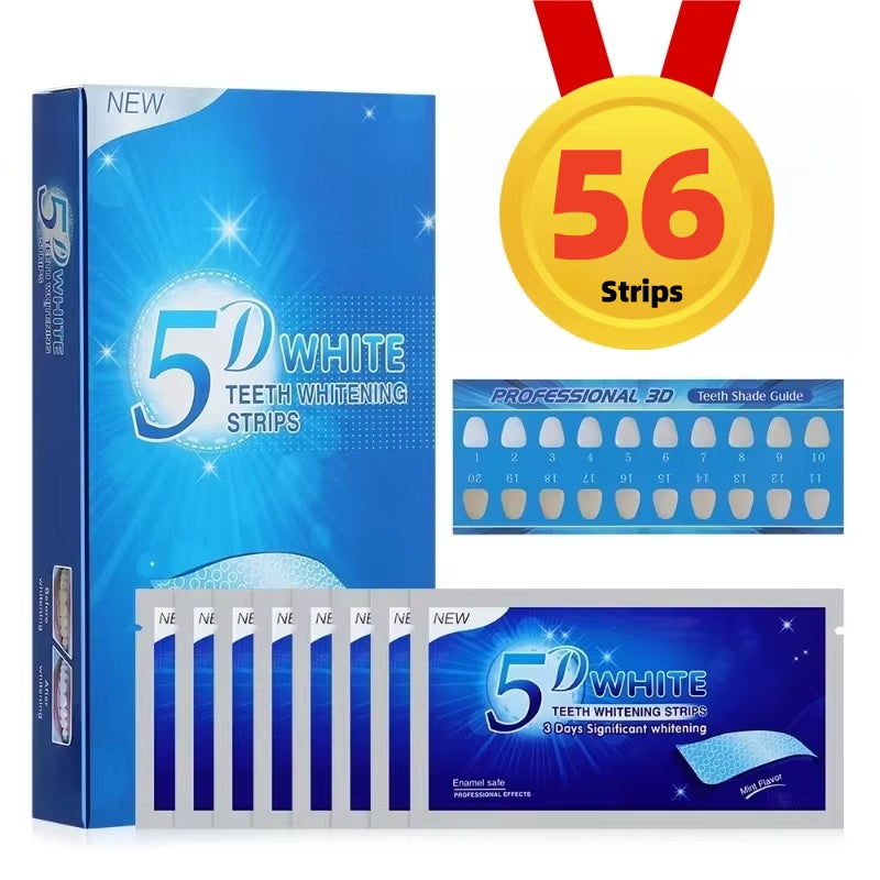 5D Teeth Whitening Strips 56 Strips Tooth Whitener Gel Strip Teeth Brightening Strips Remove Stains Oral Hygiene Care (28Pairs)