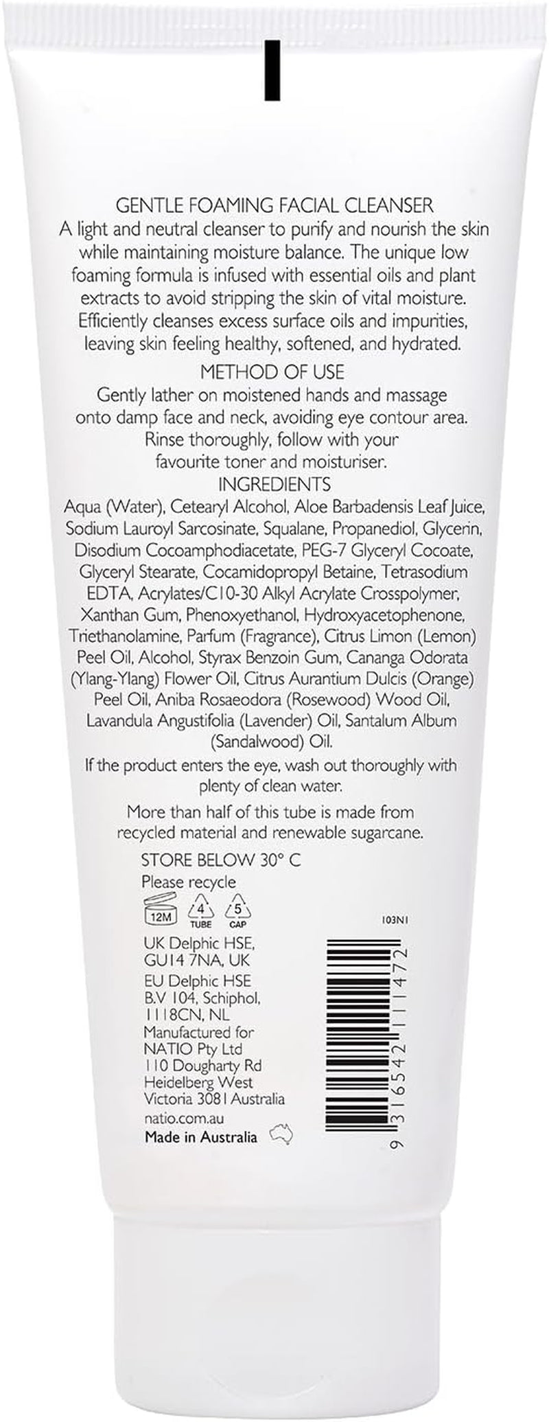 Australia Aromatherapy Gentle Foaming Facial Cleanser 100G - Low Foaming Hydrating Face Wash for All Skin Types - Aloe Vera, Squalane, Benzoin - Made in Australia